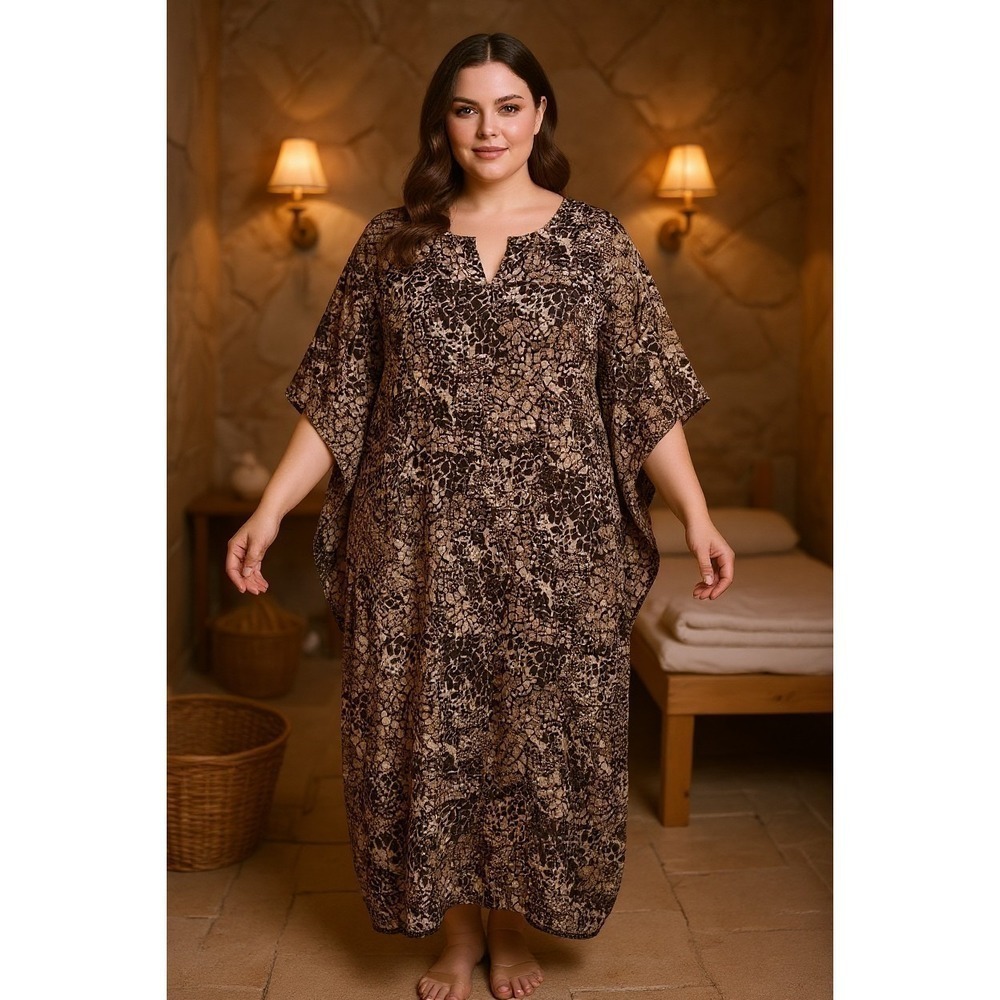 Vintage Meant To Be Women's 3X Lounge Caftan Pockets Brown Cream Animal Print